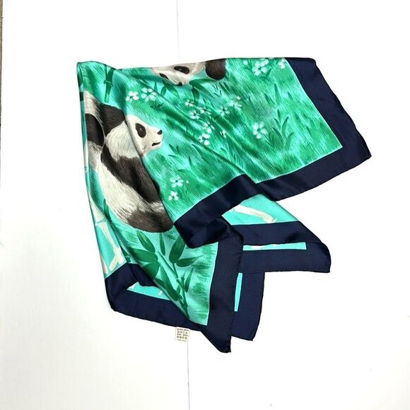 NWOT Silk Triangle Brand Scarf Panda Print Hand Rolled and Printed 29” Square - Picture 2 of 9